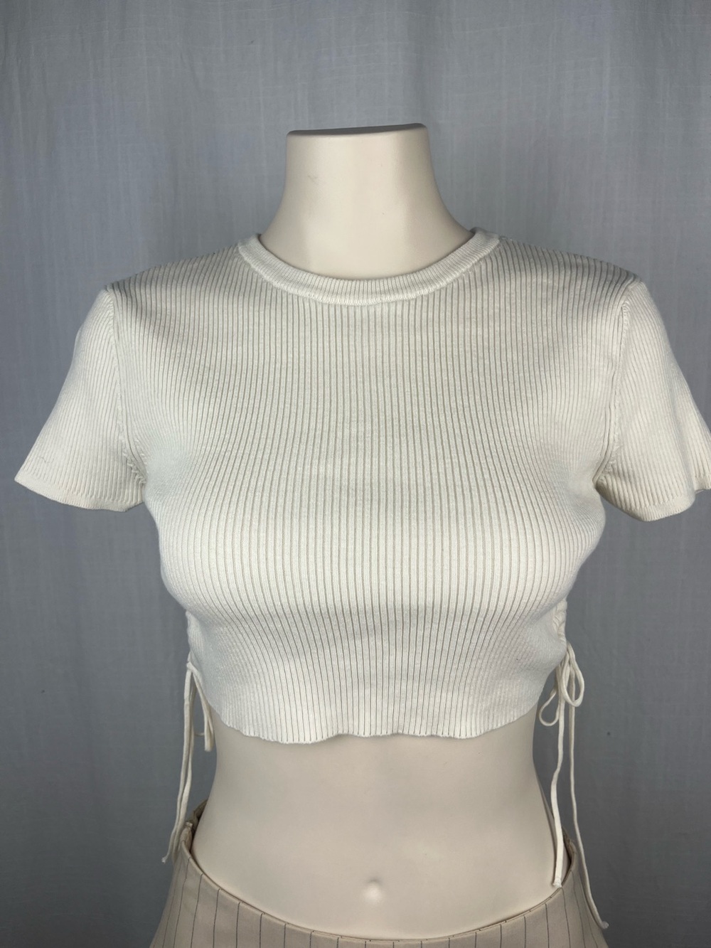 Zara Cream Ribbed Tie-Detail Crop Top Medium - Picture 1 of 6